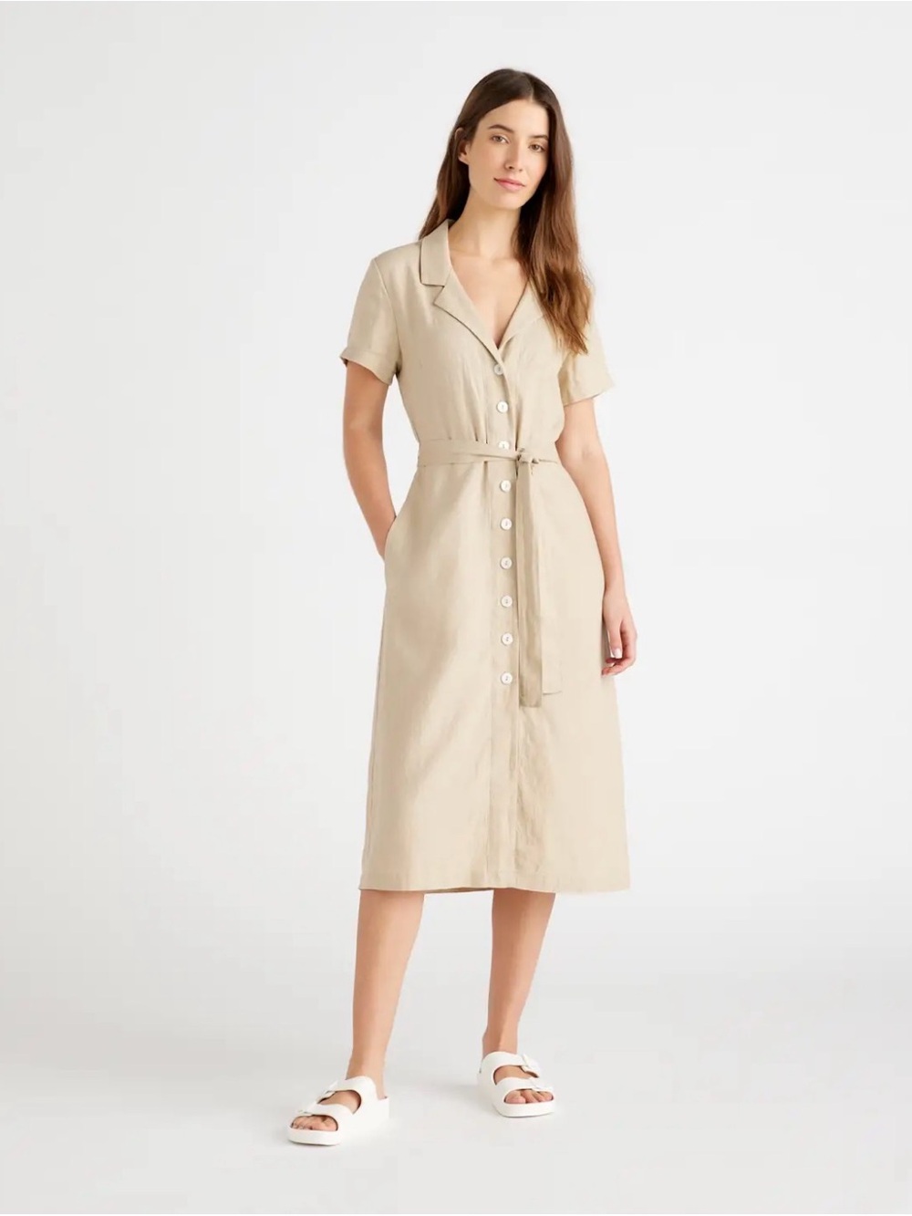 Quince 100% European Linen Button Front Midi Dress Shirtdress Medium Driftwood